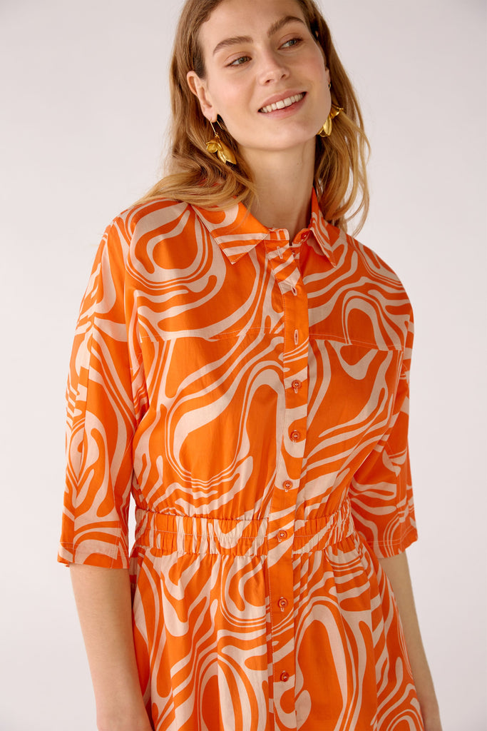 Oui Orange/Cream Swirl Print Midi Shirt Dress