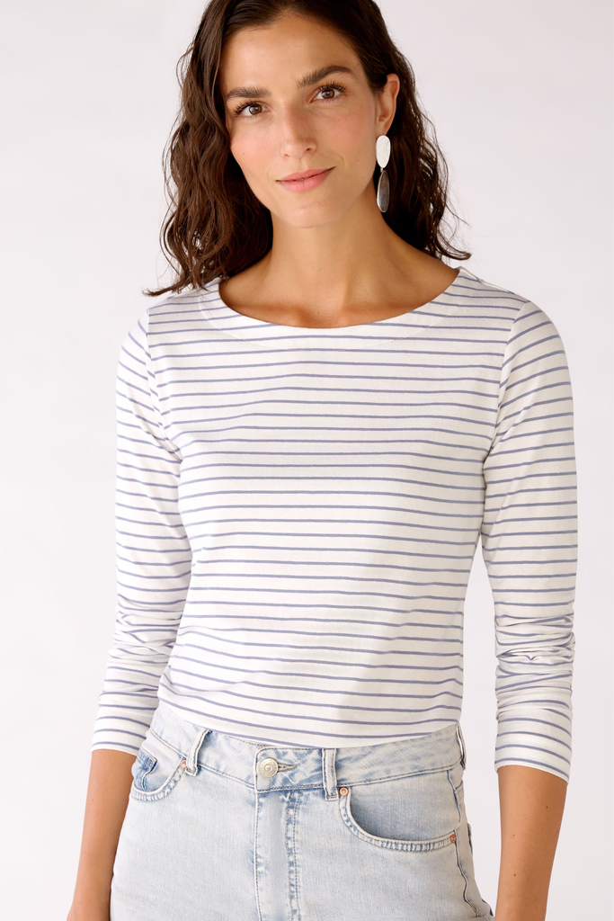 Oui White/Navy Striped Long Sleeve Top