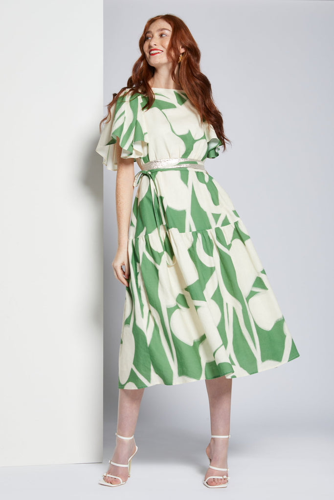 Sisters Ria Cream/Green Print Tiered Midi Dress