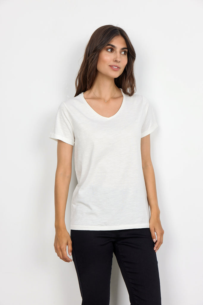 Soyaconcept Babette V-neck Basic Cotton T-shirt In Cream