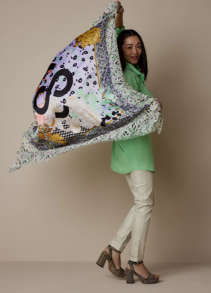 Summum Mint Green, Coral & Yellow Print Scarf