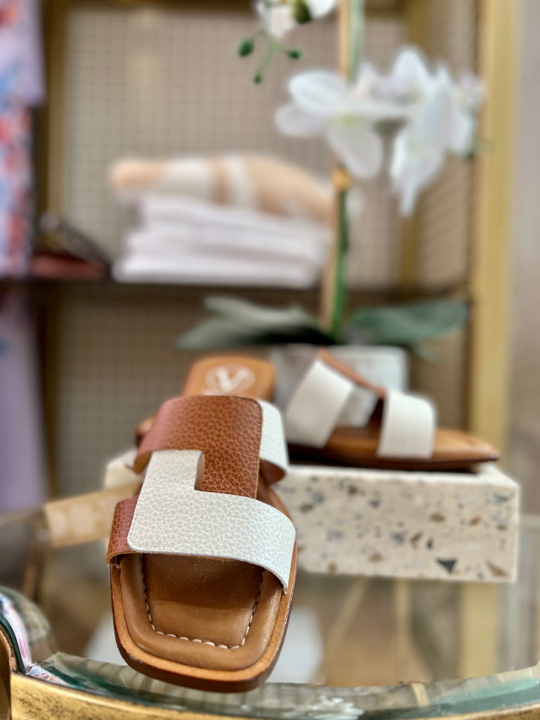 Viguera Brown/White Two-Tone Leather Open Toe Sliders