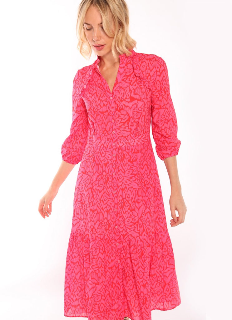 Vilagallo Pink/Orange Ikat Print Tiered 3/4 Sleeved Shirt Dress